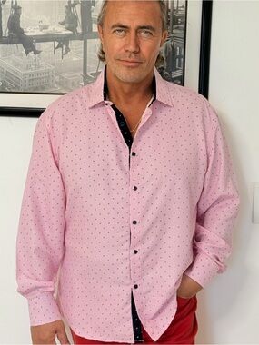 Men's Pink Dot-Print Long-Sleeve Dress Shirt